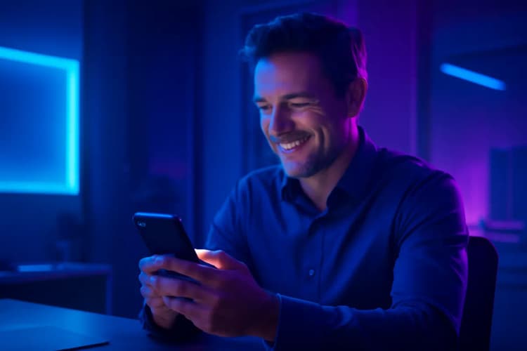 homem sorrindo escrevendo mensagem rápida em celular para atendimento ao cliente