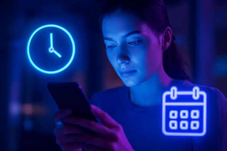 mulher usando celular com ícone de relógio e calendário para agendamento de mensagem automática
