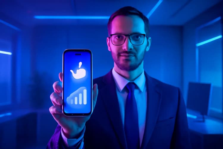homem mostrando celular com gráfico de crescimento e ícone de like para atrair clientes