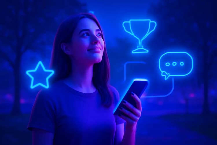 mulher sorrindo olhando para cima com ícones de sucesso e mensagem saindo do celular