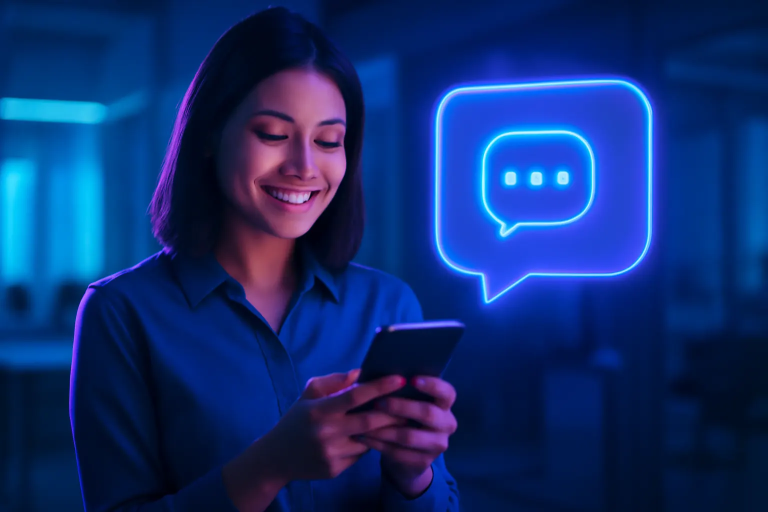 mulher sorrindo usando celular para atendimento ao cliente com balão de fala e ícone de mensagem, keyword: mensagem rapida para clientes
