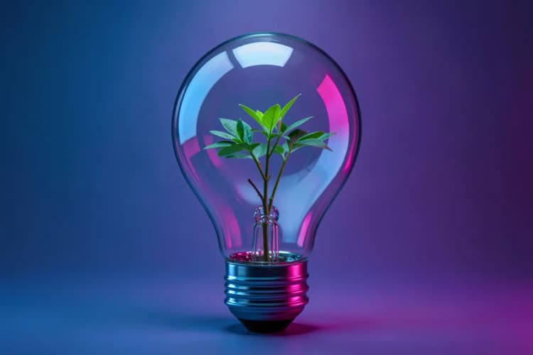 Uma lâmpada acesa com uma planta crescendo dentro dela, simbolizando novas ideias.