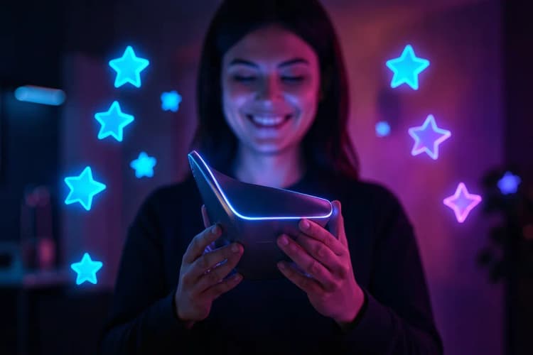 Um cliente sorrindo enquanto segura um produto, com estrelas de avaliação ao redor.