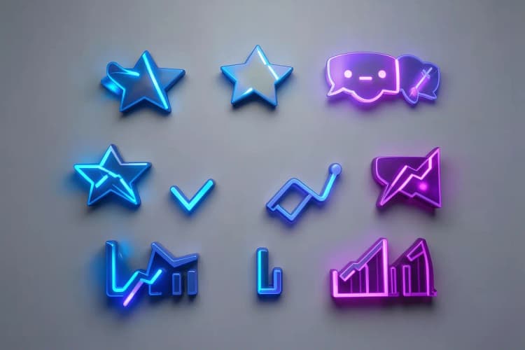 Uma coleção de ícones representando diferentes tipos de provas sociais, como estrelas, depoimentos e números.