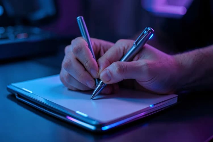 Uma pessoa escrevendo um depoimento em um caderno com uma caneta.