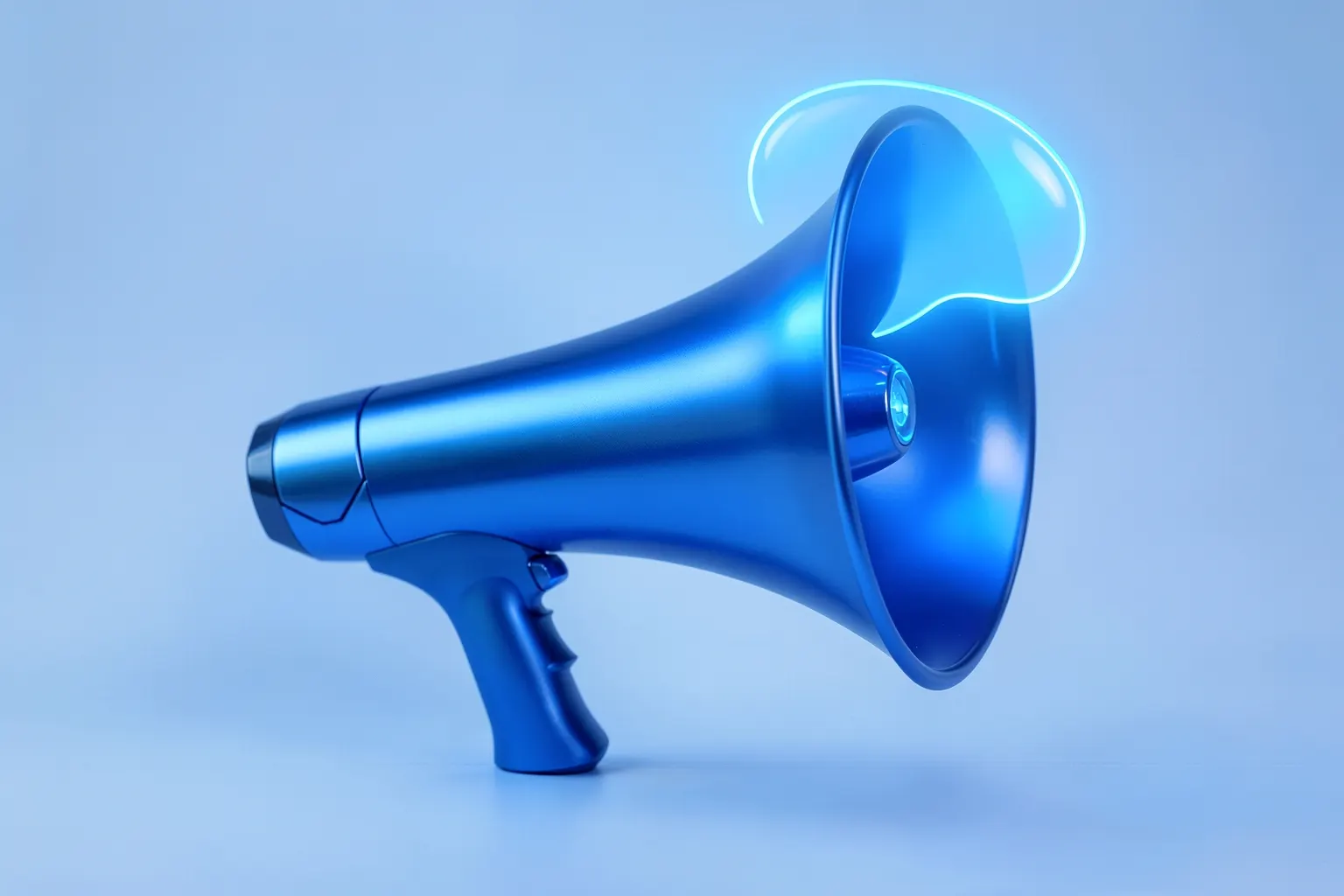 Um ícone de megafone com um balão de fala saindo dele, sobre um fundo azul claro.