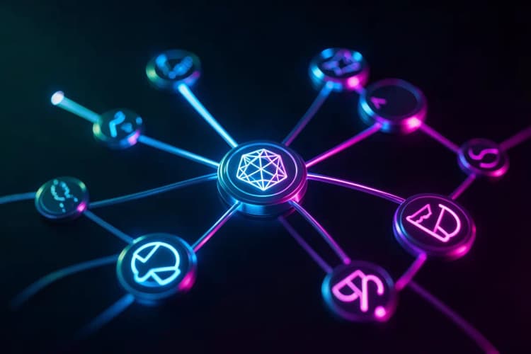 Diagrama abstrato mostrando a conexão de nós de inteligência artificial com ícones de marketing.