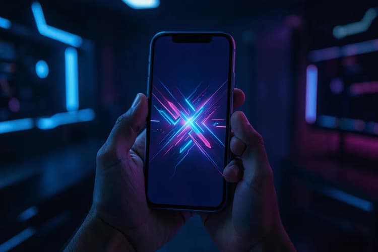 Mão segurando um smartphone exibindo um anúncio gerado por IA, com elementos de design vibrantes.