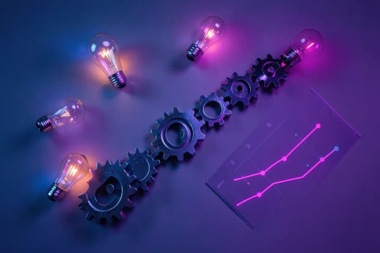 Composição de elementos visuais como lâmpadas, engrenagens e gráficos de crescimento, representando princípios de anúncios eficazes.