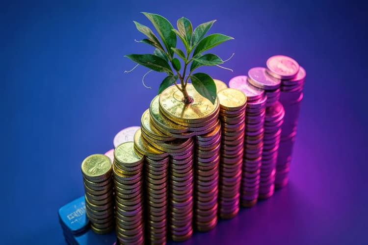 Um gráfico de barras ascendente feito de moedas de ouro empilhadas, com uma planta crescendo no topo.