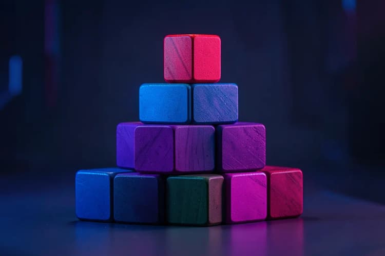 Um conjunto de blocos de madeira coloridos empilhados em forma de pirâmide, com um bloco vermelho no topo.