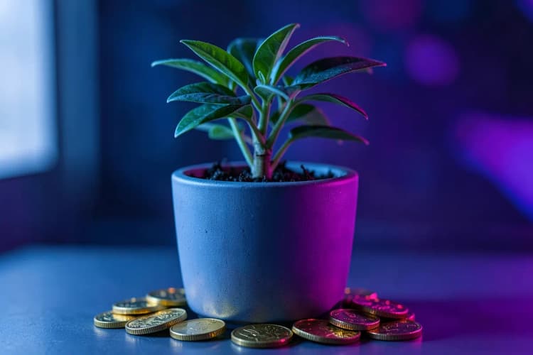 Uma planta crescendo em um vaso de cerâmica, com moedas de ouro caindo ao redor dela.