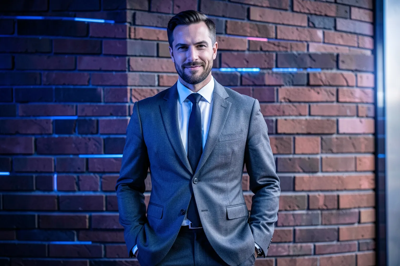 Um homem de negócios em um terno cinza, em pé em frente a uma parede de tijolos, com as mãos nos bolsos e um leve sorriso no rosto.