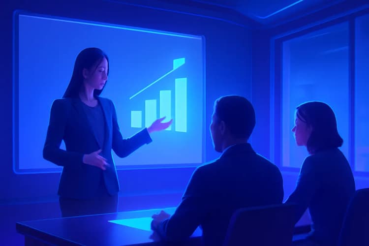Mulher explicando um gráfico de vendas em um quadro branco para colegas em uma sala de reunião.