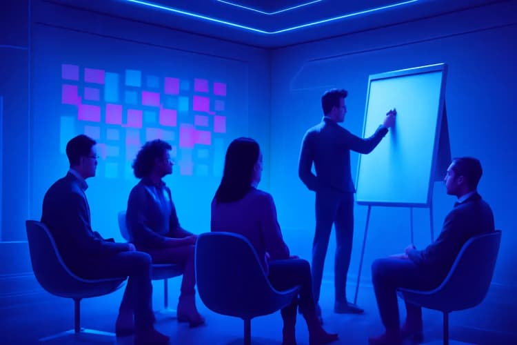Grupo de pessoas em círculo, discutindo estratégias de vendas em um ambiente de brainstorming.