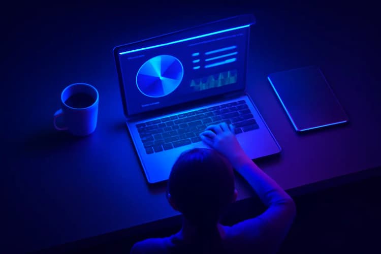 Mulher analisando dados em um laptop, com gráficos de público-alvo na tela, representando o conceito de vendas.