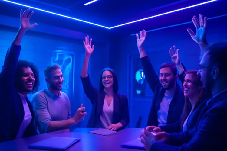 Equipe de vendas celebrando o sucesso em uma sala de escritório moderna, comemorando metas de vendas.