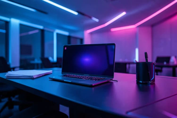 Uma pessoa organizando papéis em uma mesa de escritório com um laptop, sugerindo um ambiente de trabalho formal.