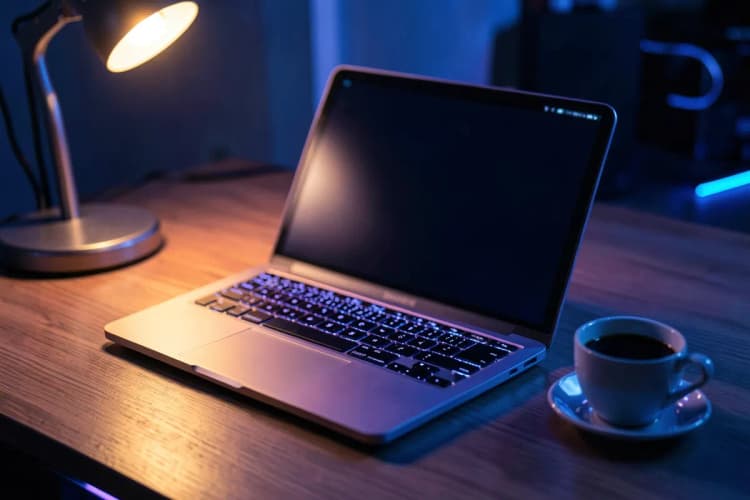 Um laptop aberto em uma mesa de madeira com uma xícara de café ao lado, pronto para comunicação.