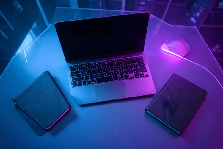 Uma visão aérea de uma mesa de escritório com um laptop, teclado, mouse e um caderno, representando o processo de escrita.
