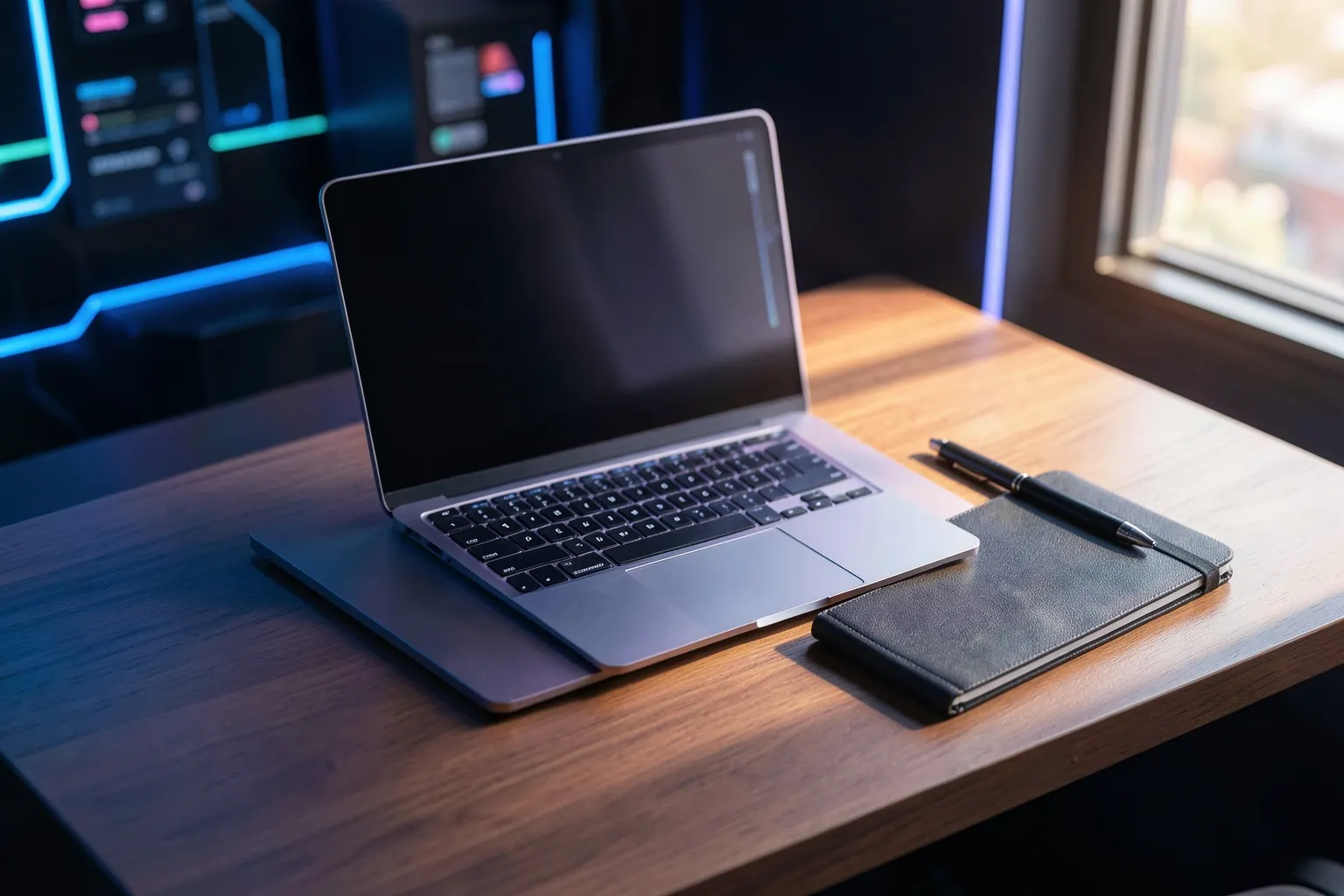 Uma mesa de escritório com um laptop aberto, um caderno e uma caneta, pronta para escrever um e-mail.