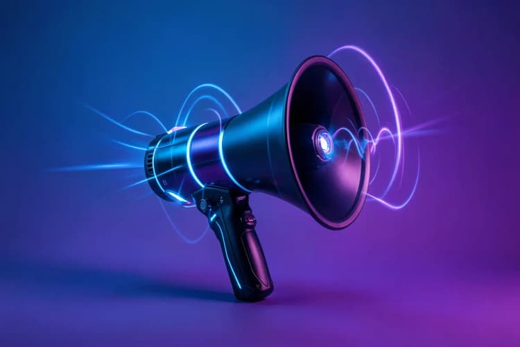 Um megafone emitindo ondas sonoras estilizadas, sobre um fundo gradiente de azul para roxo.