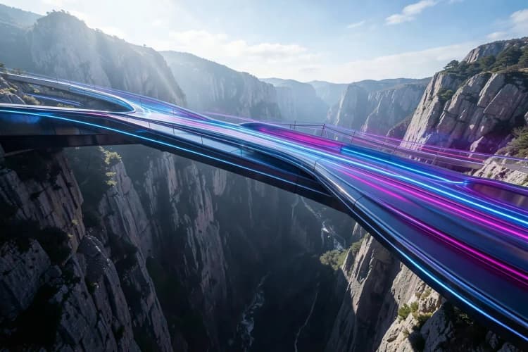 Uma ponte conectando dois lados de um abismo, simbolizando a ligação entre marketing e vendas.