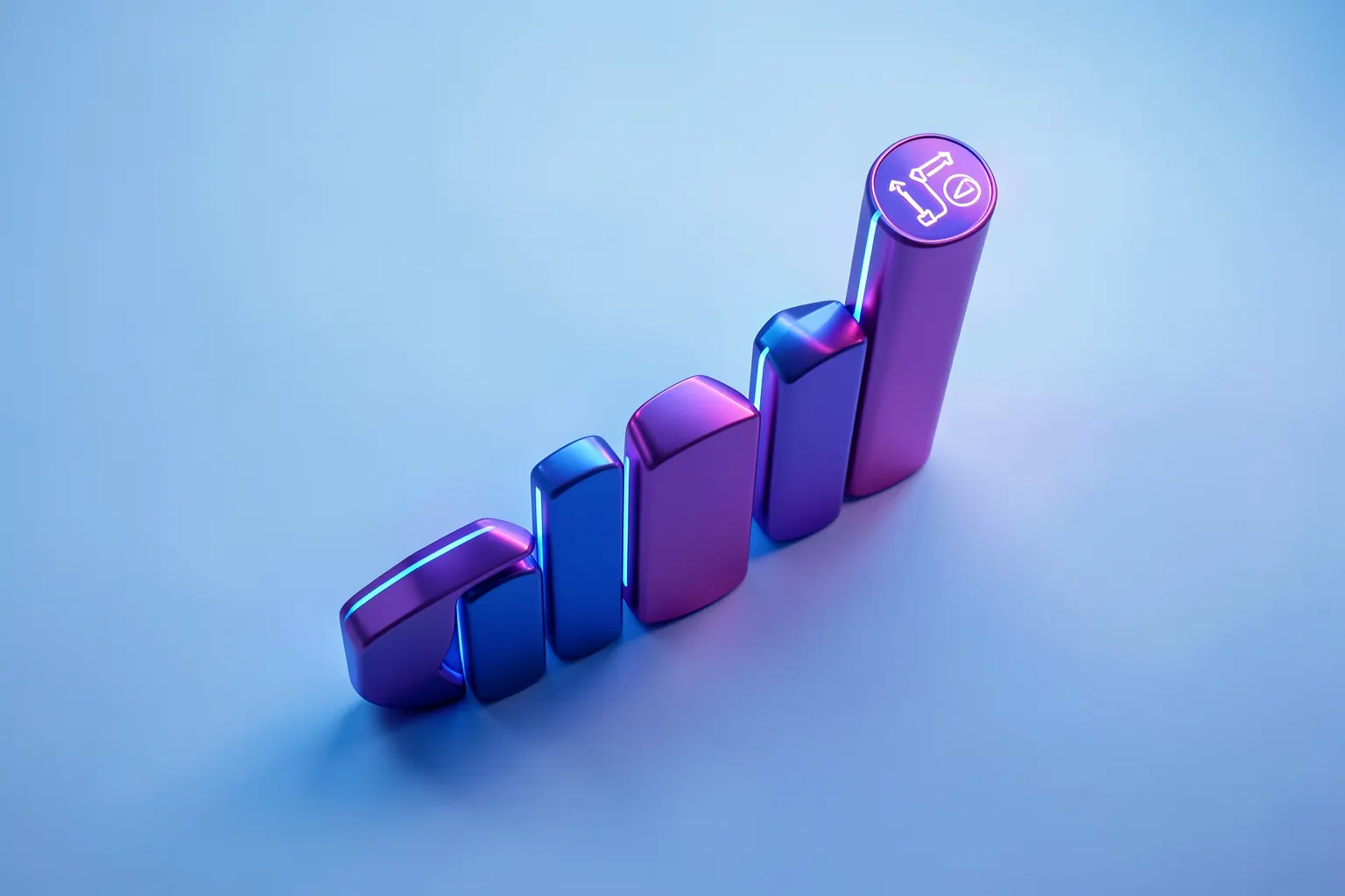 Um gráfico de barras ascendente com ícones de marketing e vendas nas extremidades, sobre um fundo azul claro.